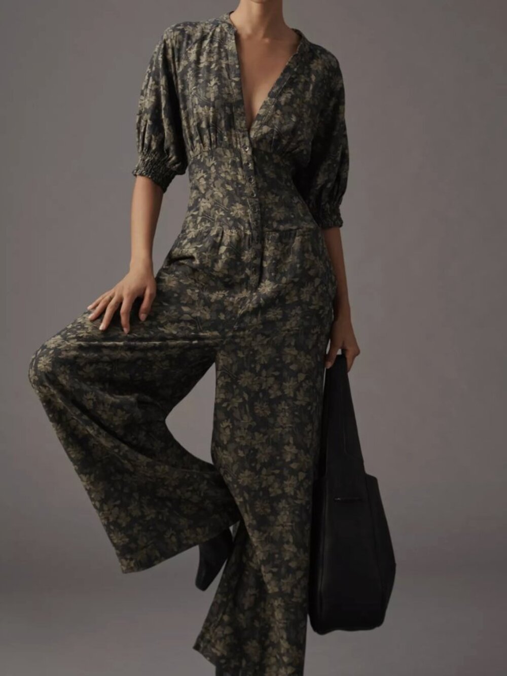 Anthropologie Puff Sleeve Jumpsuit Green Black Floral Wide Leg V Neck Medium